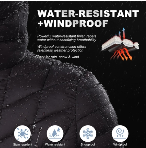 Reebok Quilted Thermal Lightweight Black Jacket With Hood - Picture 3 of 15